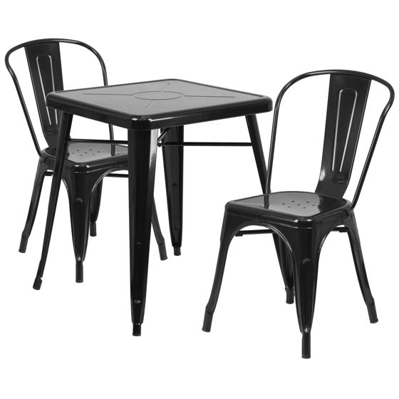 Commercial Grade 23.75" Square Black Metal Indoor-Outdoor Table Set with 2 Stack Chairs CH-31330-2-30-BK-GG