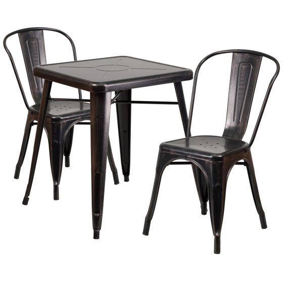 Commercial Grade 23.75" Square Black-Antique Gold Metal Indoor-Outdoor Table Set with 2 Stack Chairs CH-31330-2-30-BQ-GG