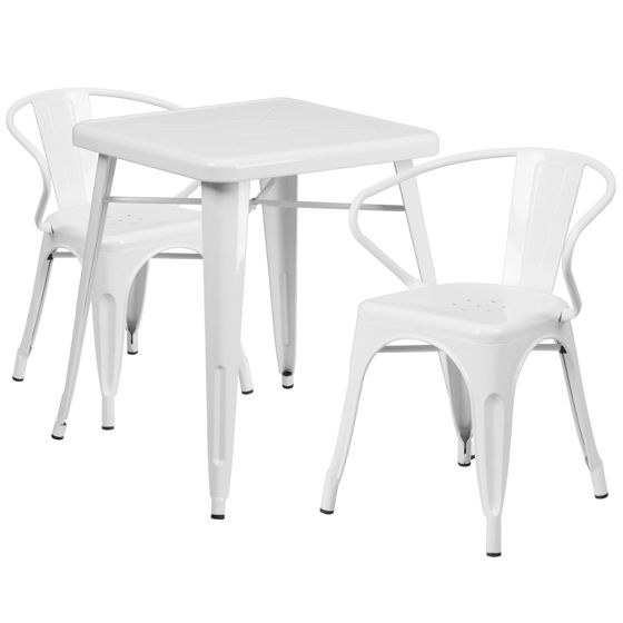 Commercial Grade 23.75" Square White Metal Indoor-Outdoor Table Set with 2 Arm Chairs CH-31330-2-70-WH-GG
