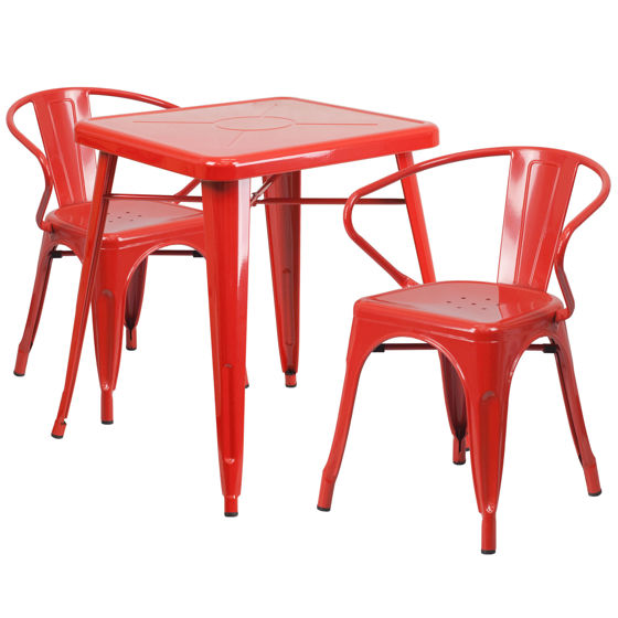 Commercial Grade 23.75" Square Red Metal Indoor-Outdoor Table Set with 2 Arm Chairs CH-31330-2-70-RED-GG