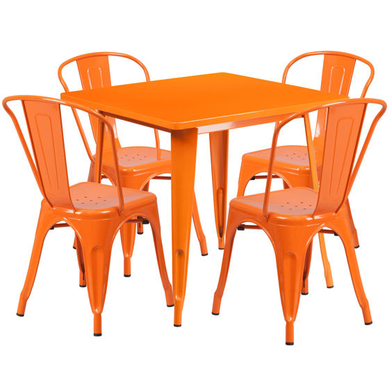 Commercial Grade 31.5" Square Orange Metal Indoor-Outdoor Table Set with 4 Stack Chairs ET-CT002-4-30-OR-GG