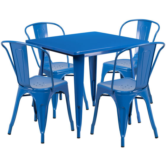 Commercial Grade 31.5" Square Blue Metal Indoor-Outdoor Table Set with 4 Stack Chairs ET-CT002-4-30-BL-GG
