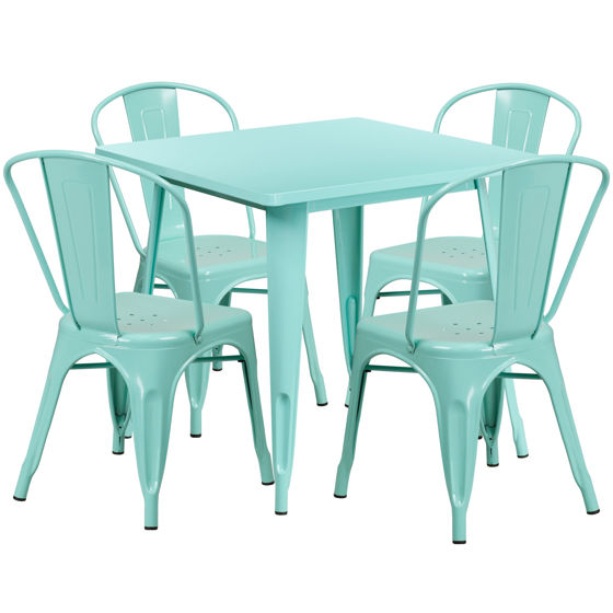 Commercial Grade 31.5" Square Mint Green Metal Indoor-Outdoor Table Set with 4 Stack Chairs ET-CT002-4-30-MINT-GG