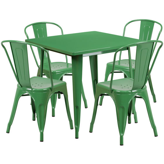 Commercial Grade 31.5" Square Green Metal Indoor-Outdoor Table Set with 4 Stack Chairs ET-CT002-4-30-GN-GG