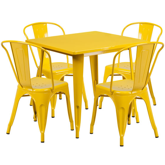 Commercial Grade 31.5" Square Yellow Metal Indoor-Outdoor Table Set with 4 Stack Chairs ET-CT002-4-30-YL-GG