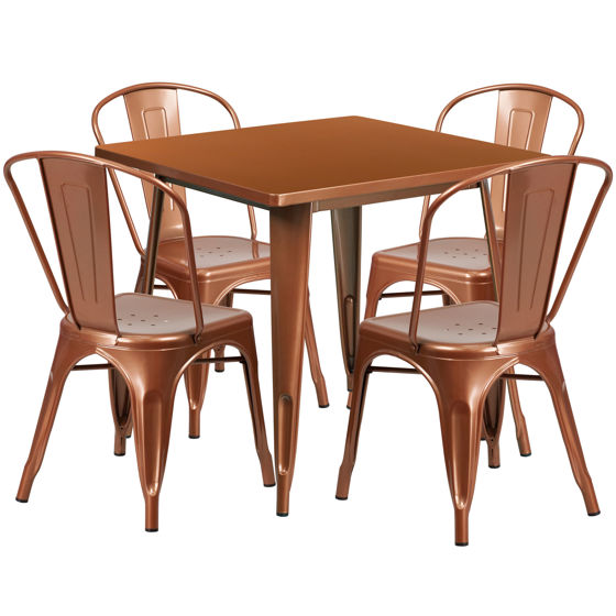 Commercial Grade 31.5" Square Copper Metal Indoor-Outdoor Table Set with 4 Stack Chairs ET-CT002-4-30-POC-GG