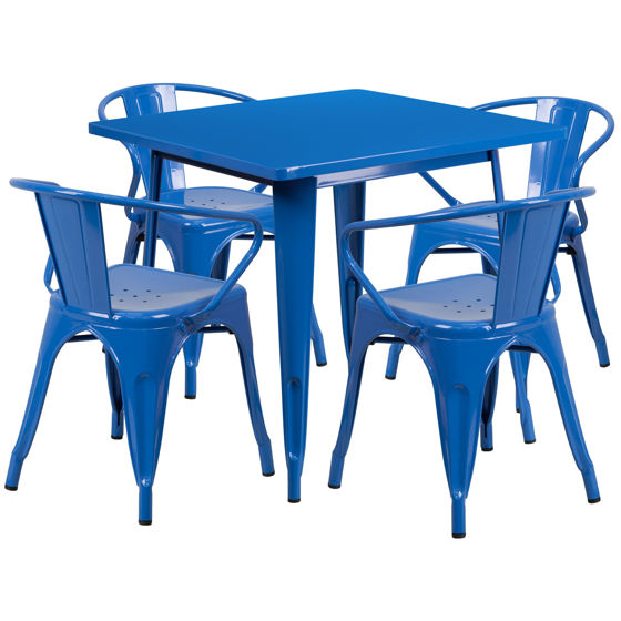 Commercial Grade 31.5" Square Blue Metal Indoor-Outdoor Table Set with 4 Arm Chairs ET-CT002-4-70-BL-GG