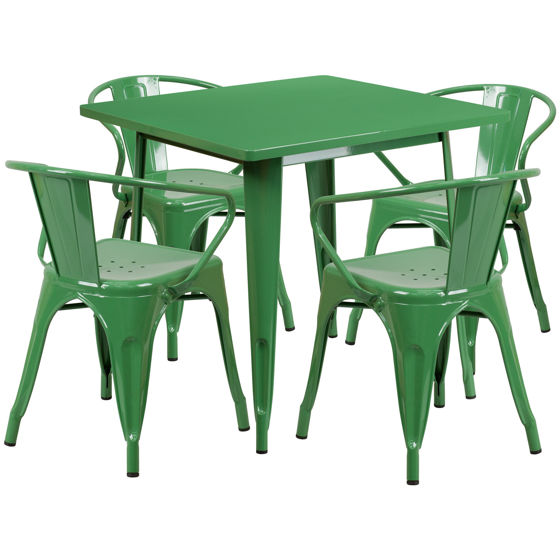 Commercial Grade 31.5" Square Green Metal Indoor-Outdoor Table Set with 4 Arm Chairs ET-CT002-4-70-GN-GG