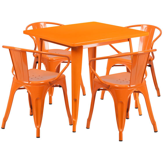 Commercial Grade 31.5" Square Orange Metal Indoor-Outdoor Table Set with 4 Arm Chairs ET-CT002-4-70-OR-GG