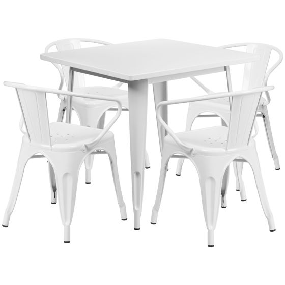 Commercial Grade 31.5" Square White Metal Indoor-Outdoor Table Set with 4 Arm Chairs ET-CT002-4-70-WH-GG