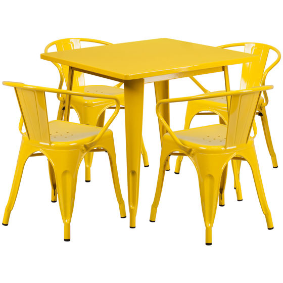Commercial Grade 31.5" Square Yellow Metal Indoor-Outdoor Table Set with 4 Arm Chairs ET-CT002-4-70-YL-GG