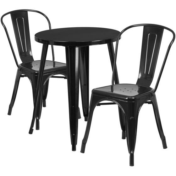 Commercial Grade 24" Round Black Metal Indoor-Outdoor Table Set with 2 Cafe Chairs CH-51080TH-2-18CAFE-BK-GG