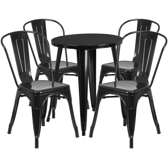 Commercial Grade 24" Round Black Metal Indoor-Outdoor Table Set with 4 Cafe Chairs CH-51080TH-4-18CAFE-BK-GG