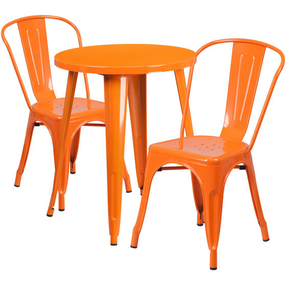 Commercial Grade 24" Round Orange Metal Indoor-Outdoor Table Set with 2 Cafe Chairs CH-51080TH-2-18CAFE-OR-GG