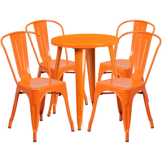 Commercial Grade 24" Round Orange Metal Indoor-Outdoor Table Set with 4 Cafe Chairs CH-51080TH-4-18CAFE-OR-GG