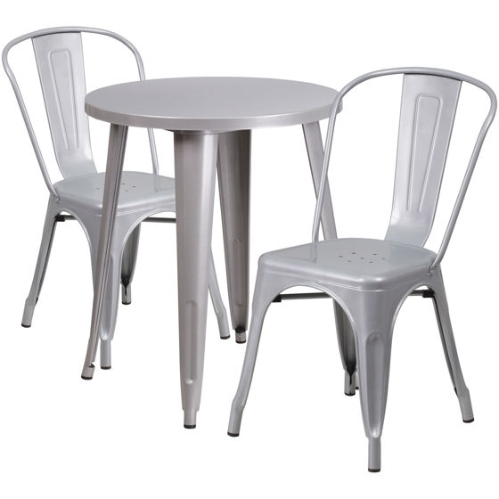 Commercial Grade 24" Round Silver Metal Indoor-Outdoor Table Set with 2 Cafe Chairs CH-51080TH-2-18CAFE-SIL-GG