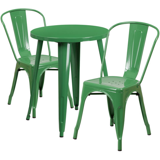 Commercial Grade 24" Round Green Metal Indoor-Outdoor Table Set with 2 Cafe Chairs CH-51080TH-2-18CAFE-GN-GG