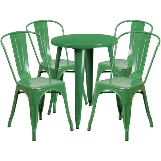 Commercial Grade 24" Round Green Metal Indoor-Outdoor Table Set with 4 Cafe Chairs CH-51080TH-4-18CAFE-GN-GG