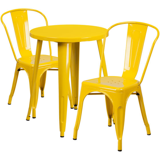 Commercial Grade 24" Round Yellow Metal Indoor-Outdoor Table Set with 2 Cafe Chairs CH-51080TH-2-18CAFE-YL-GG