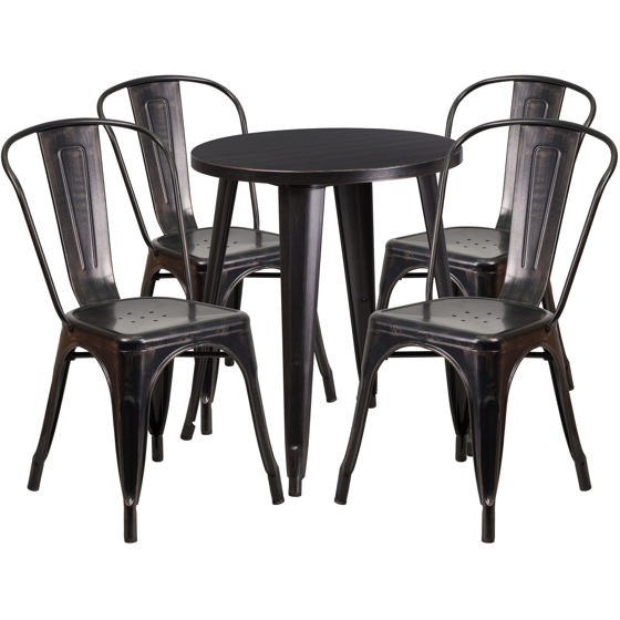 Commercial Grade 24" Round Black-Antique Gold Metal Indoor-Outdoor Table Set with 4 Cafe Chairs CH-51080TH-4-18CAFE-BQ-GG