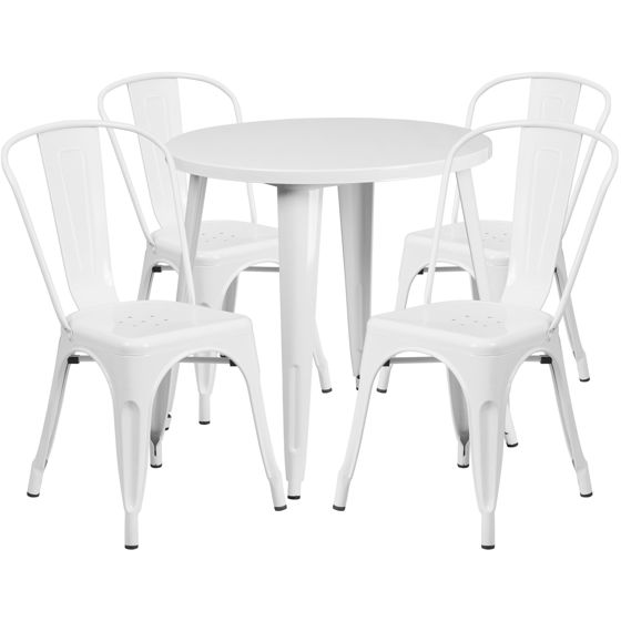 Commercial Grade 30" Round White Metal Indoor-Outdoor Table Set with 4 Cafe Chairs CH-51090TH-4-18CAFE-WH-GG