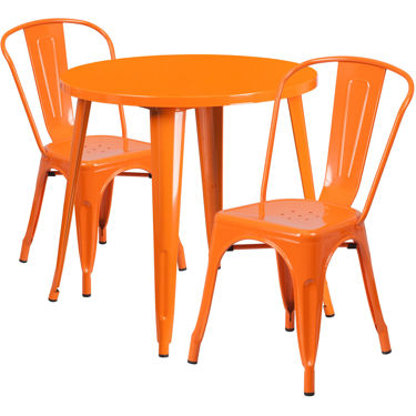 Commercial Grade 30" Round Orange Metal Indoor-Outdoor Table Set with 2 Cafe Chairs CH-51090TH-2-18CAFE-OR-GG