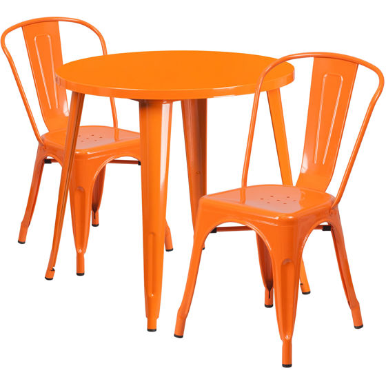 Commercial Grade 30" Round Orange Metal Indoor-Outdoor Table Set with 2 Cafe Chairs CH-51090TH-2-18CAFE-OR-GG
