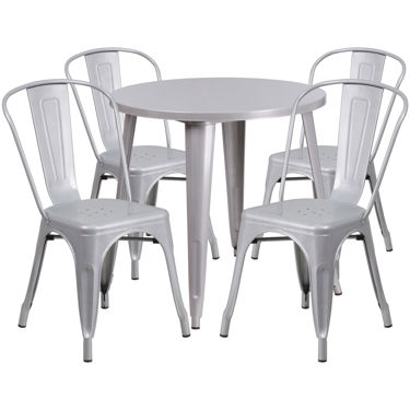 Commercial Grade 30" Round Silver Metal Indoor-Outdoor Table Set with 4 Cafe Chairs CH-51090TH-4-18CAFE-SIL-GG