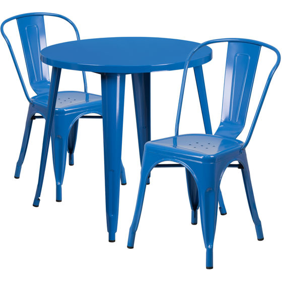 Commercial Grade 30" Round Blue Metal Indoor-Outdoor Table Set with 2 Cafe Chairs CH-51090TH-2-18CAFE-BL-GG