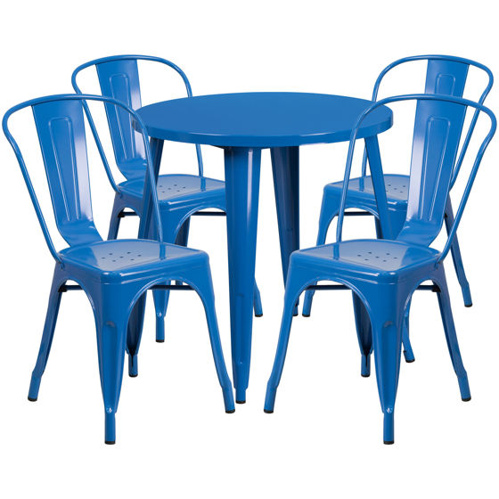 Commercial Grade 30" Round Blue Metal Indoor-Outdoor Table Set with 4 Cafe Chairs CH-51090TH-4-18CAFE-BL-GG