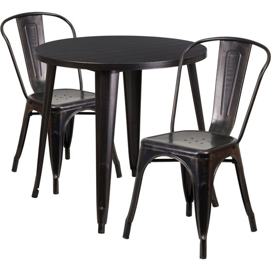 Commercial Grade 30" Round Black-Antique Gold Metal Indoor-Outdoor Table Set with 2 Cafe Chairs CH-51090TH-2-18CAFE-BQ-GG