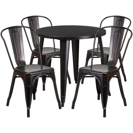 Commercial Grade 30" Round Black-Antique Gold Metal Indoor-Outdoor Table Set with 4 Cafe Chairs CH-51090TH-4-18CAFE-BQ-GG