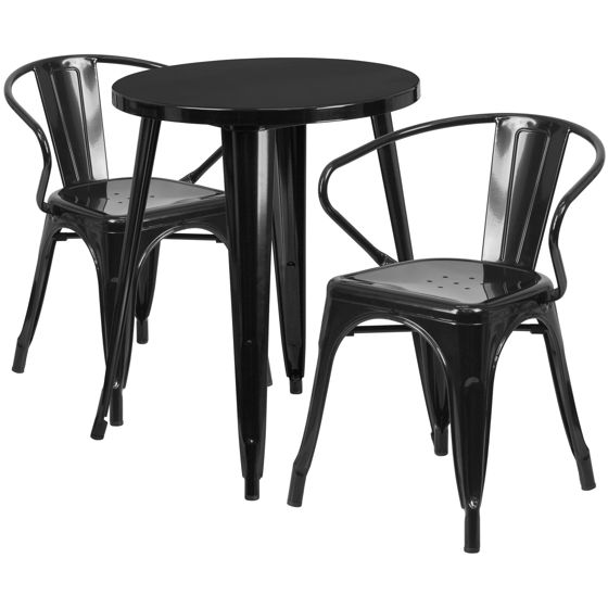 Commercial Grade 24" Round Black Metal Indoor-Outdoor Table Set with 2 Arm Chairs CH-51080TH-2-18ARM-BK-GG