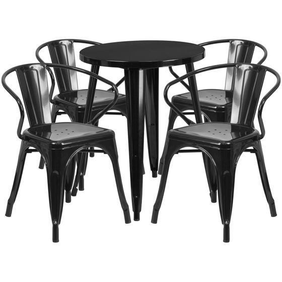 Commercial Grade 24" Round Black Metal Indoor-Outdoor Table Set with 4 Arm Chairs CH-51080TH-4-18ARM-BK-GG