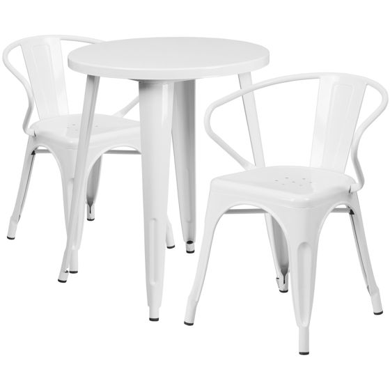 Commercial Grade 24" Round White Metal Indoor-Outdoor Table Set with 2 Arm Chairs CH-51080TH-2-18ARM-WH-GG