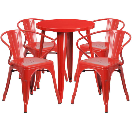 Commercial Grade 24" Round Red Metal Indoor-Outdoor Table Set with 4 Arm Chairs CH-51080TH-4-18ARM-RED-GG