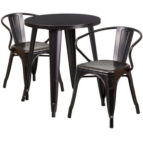 Commercial Grade 24" Round Black-Antique Gold Metal Indoor-Outdoor Table Set with 2 Arm Chairs CH-51080TH-2-18ARM-BQ-GG