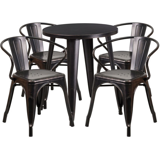 Commercial Grade 24" Round Black-Antique Gold Metal Indoor-Outdoor Table Set with 4 Arm Chairs CH-51080TH-4-18ARM-BQ-GG