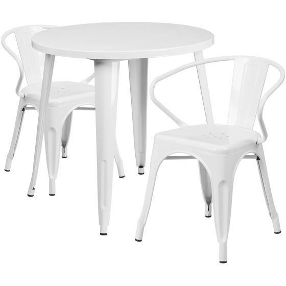 Commercial Grade 30" Round White Metal Indoor-Outdoor Table Set with 2 Arm Chairs CH-51090TH-2-18ARM-WH-GG