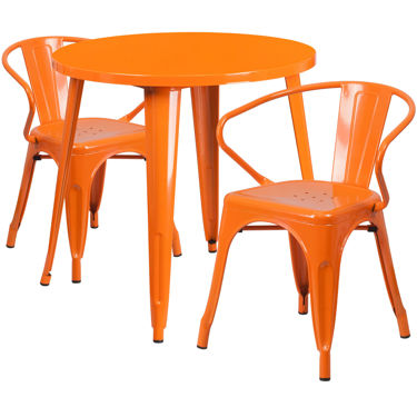 Commercial Grade 30" Round Orange Metal Indoor-Outdoor Table Set with 2 Arm Chairs CH-51090TH-2-18ARM-OR-GG