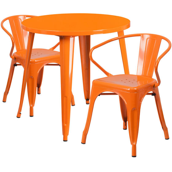 Commercial Grade 30" Round Orange Metal Indoor-Outdoor Table Set with 2 Arm Chairs CH-51090TH-2-18ARM-OR-GG