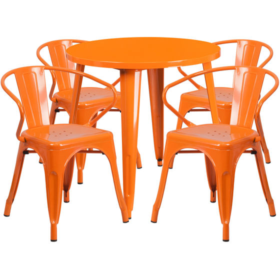 Commercial Grade 30" Round Orange Metal Indoor-Outdoor Table Set with 4 Arm Chairs CH-51090TH-4-18ARM-OR-GG