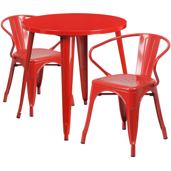 Commercial Grade 30" Round Red Metal Indoor-Outdoor Table Set with 2 Arm Chairs CH-51090TH-2-18ARM-RED-GG