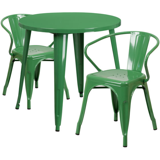 Commercial Grade 30" Round Green Metal Indoor-Outdoor Table Set with 2 Arm Chairs CH-51090TH-2-18ARM-GN-GG