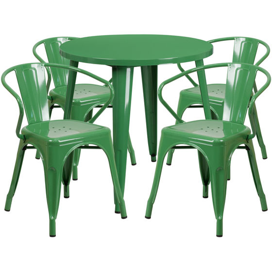 Commercial Grade 30" Round Green Metal Indoor-Outdoor Table Set with 4 Arm Chairs CH-51090TH-4-18ARM-GN-GG