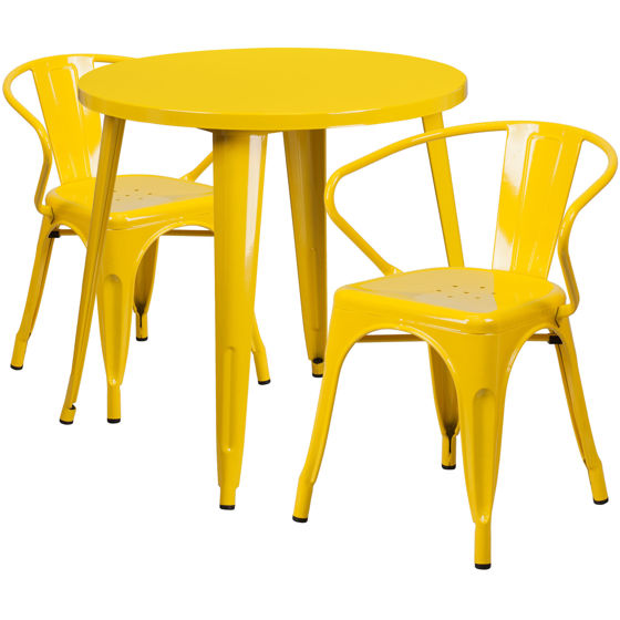 Commercial Grade 30" Round Yellow Metal Indoor-Outdoor Table Set with 2 Arm Chairs CH-51090TH-2-18ARM-YL-GG