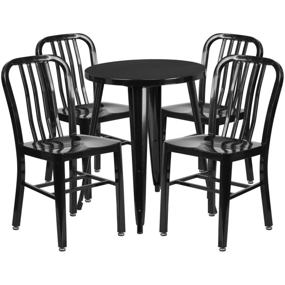 Commercial Grade 24" Round Black Metal Indoor-Outdoor Table Set with 4 Vertical Slat Back Chairs CH-51080TH-4-18VRT-BK-GG