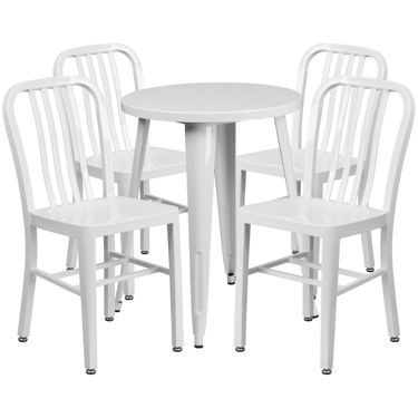 Commercial Grade 24" Round White Metal Indoor-Outdoor Table Set with 4 Vertical Slat Back Chairs CH-51080TH-4-18VRT-WH-GG