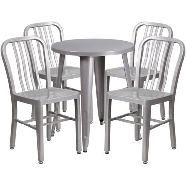 Commercial Grade 24" Round Silver Metal Indoor-Outdoor Table Set with 4 Vertical Slat Back Chairs CH-51080TH-4-18VRT-SIL-GG