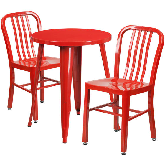 Commercial Grade 24" Round Red Metal Indoor-Outdoor Table Set with 2 Vertical Slat Back Chairs CH-51080TH-2-18VRT-RED-GG